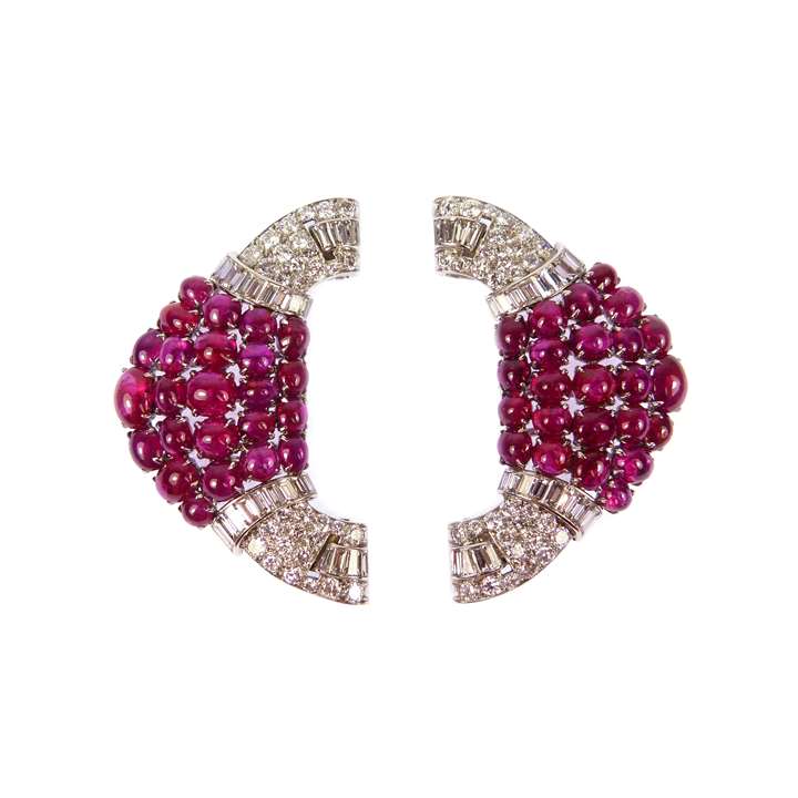 Pair of Art Deco ruby and diamond cluster double clip brooches